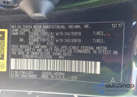 2018 Toyota Highlander Se from USA, damaged, VIN 5TDKZRFH5JS532908